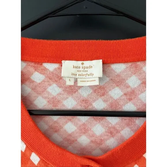 Kate Spade live colorfully Gingham Kati Cardigan Orange Checkered Cotton Size L - Picture 4 of 6